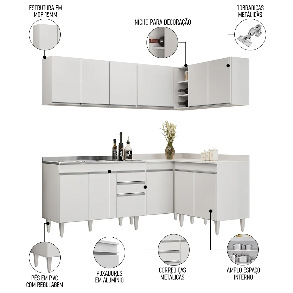 Armário de Cozinha Modulado de Canto 6 Peças CP30 com Pia Inox Branco - Lumil