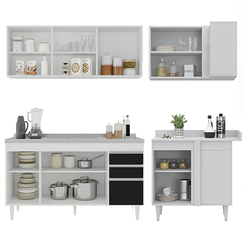 Armário de Cozinha Modulado de Canto Esquerdo 4 Peças CP51 com Pia Inox Branco/Preto - Lumil