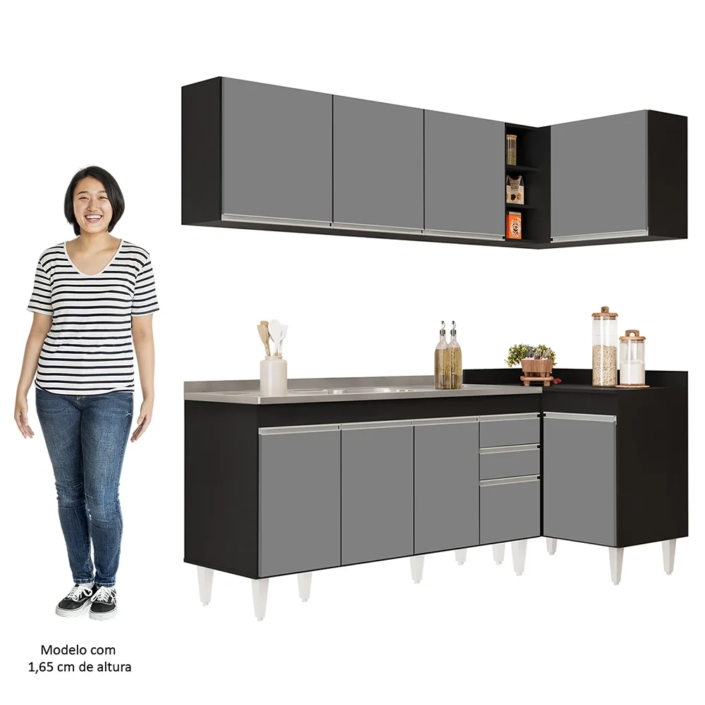 Armário de Cozinha Modulado de Canto Esquerdo 4 Peças CP51 com Pia Inox Preto/Cinza - Lumil