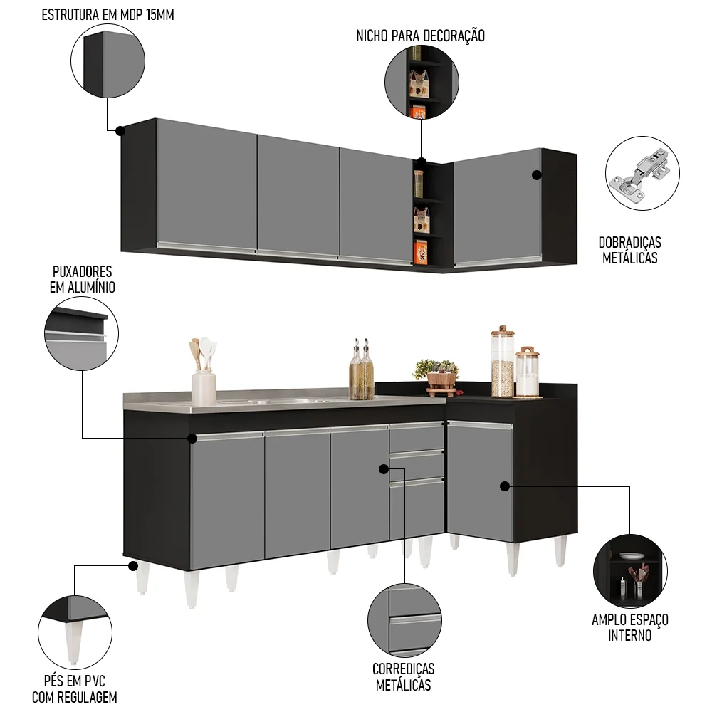 Armário de Cozinha Modulado de Canto Esquerdo 4 Peças CP51 com Pia Inox Preto/Cinza - Lumil
