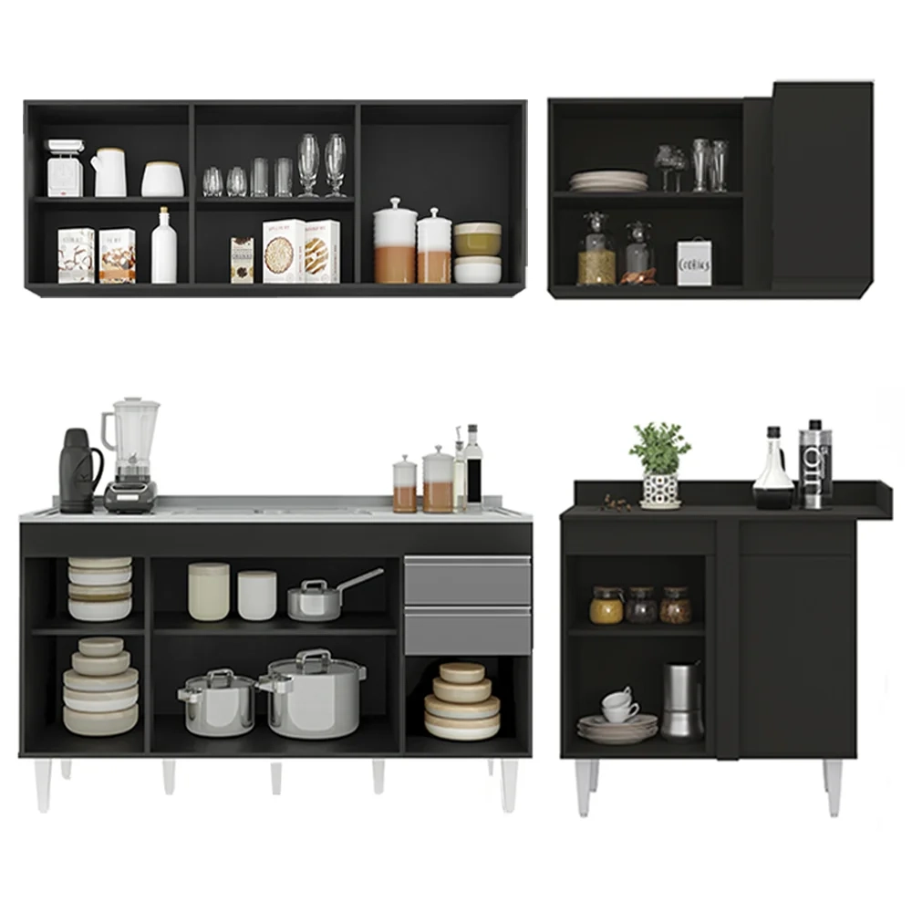 Armário de Cozinha Modulado de Canto Esquerdo 4 Peças CP51 com Pia Inox Preto/Cinza - Lumil