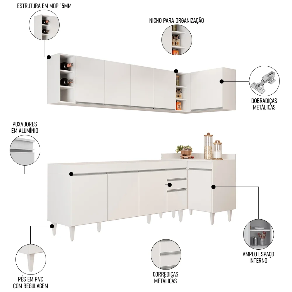 Armário de Cozinha Modulado de Canto Esquerdo 5 Peças CP52 Balcão sem Tampo Branco - Lumil