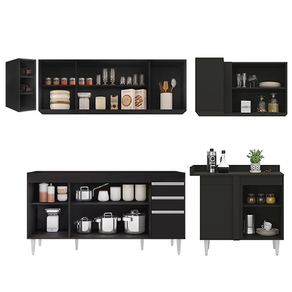 Armário de Cozinha Modulado de Canto Esquerdo 5 Peças CP52 Balcão sem Tampo Preto - Lumil
