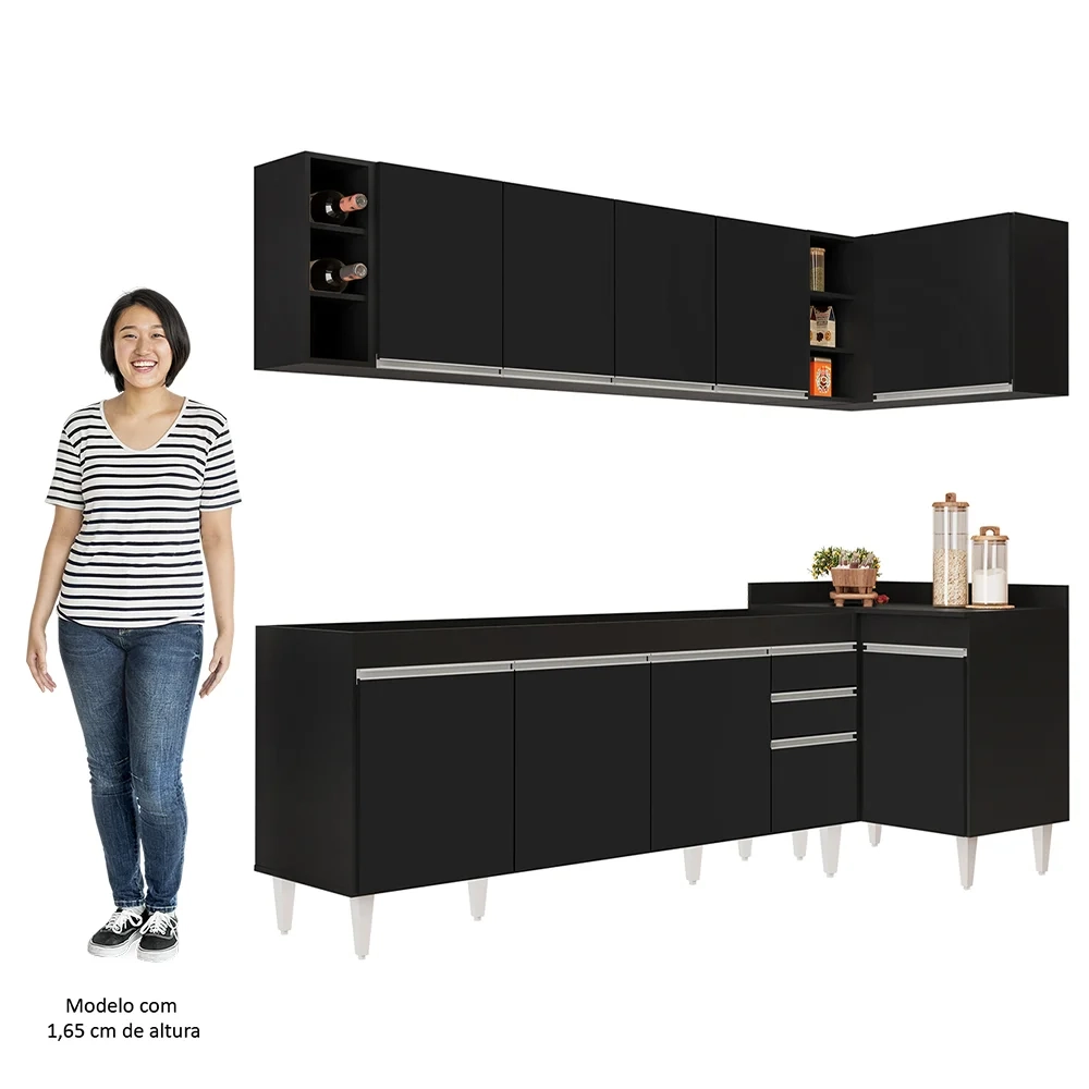 Armário de Cozinha Modulado de Canto Esquerdo 5 Peças CP52 Balcão sem Tampo Preto - Lumil