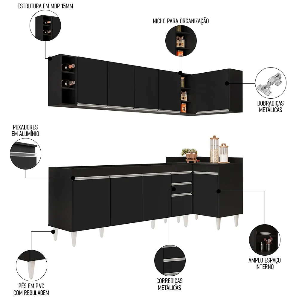 Armário de Cozinha Modulado de Canto Esquerdo 5 Peças CP52 Balcão sem Tampo Preto - Lumil