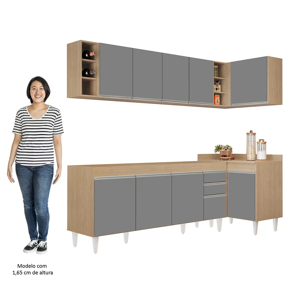 Armário de Cozinha Modulado de Canto Esquerdo 5 Peças CP52 Balcão sem Tampo Castanho/Cinza - Lumil