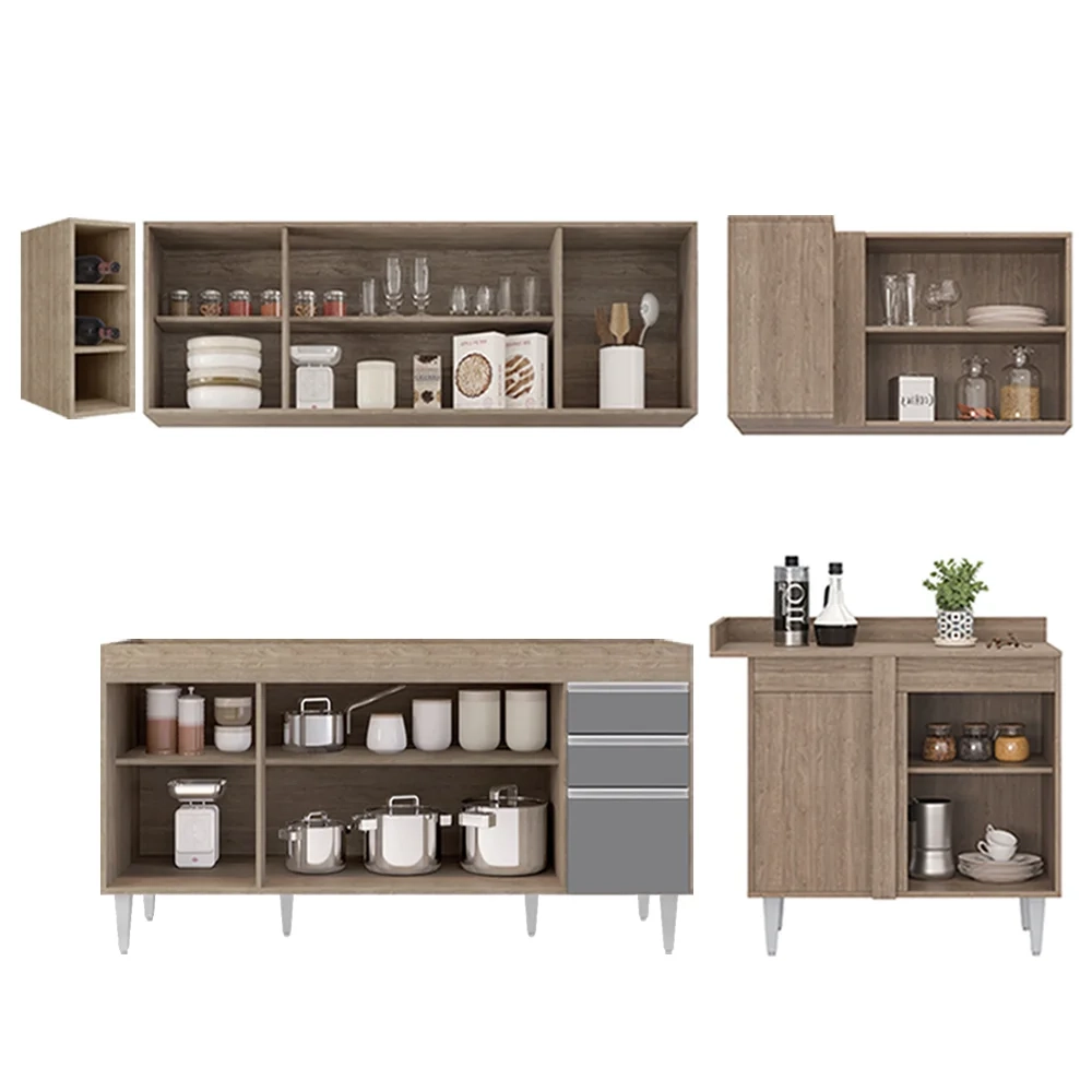 Armário de Cozinha Modulado de Canto Esquerdo 5 Peças CP52 Balcão sem Tampo Castanho/Cinza - Lumil