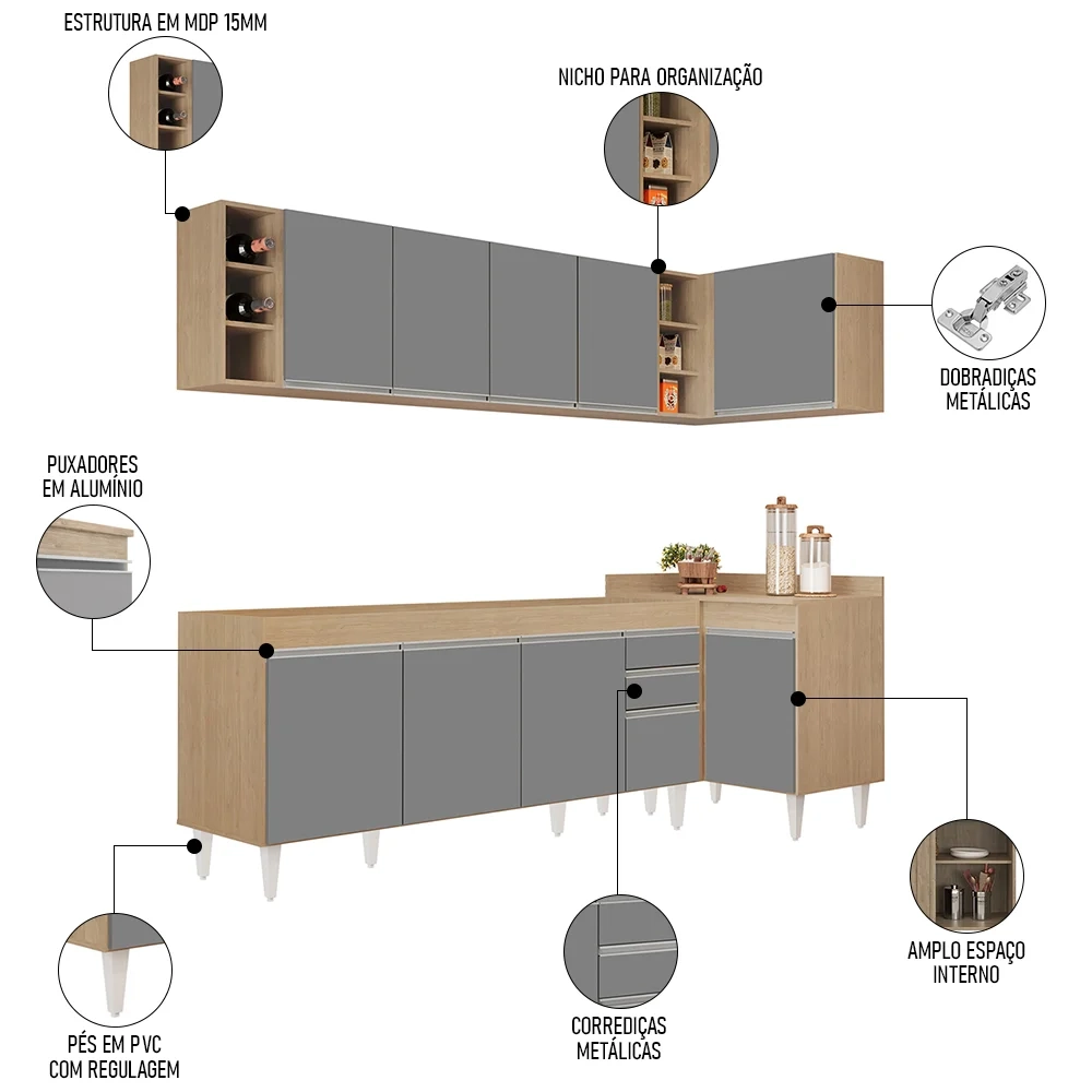 Armário de Cozinha Modulado de Canto Esquerdo 5 Peças CP52 Balcão sem Tampo Castanho/Cinza - Lumil