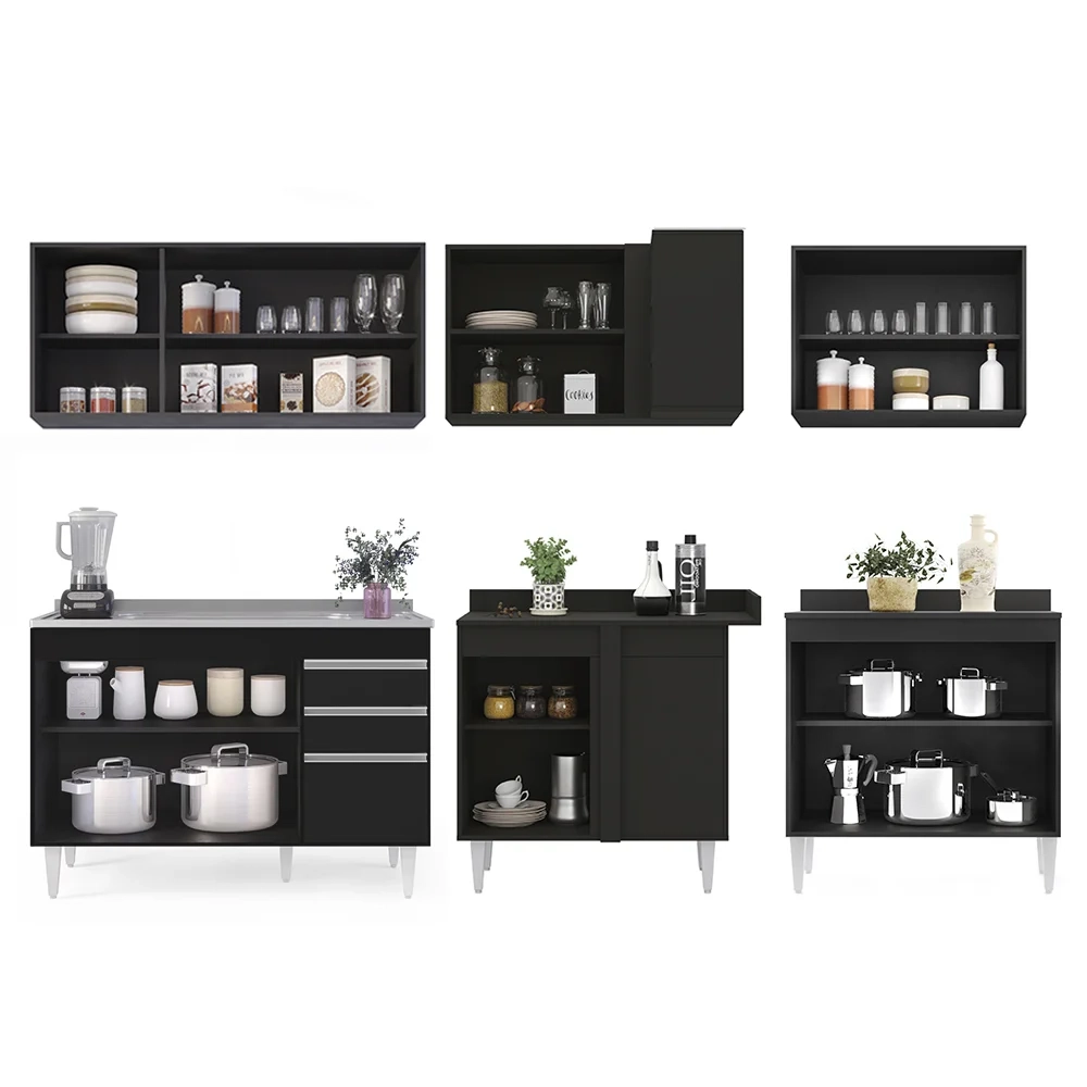 Armário de Cozinha Modulado de Canto 6 Peças CP30 com Pia Inox Preto - Lumil