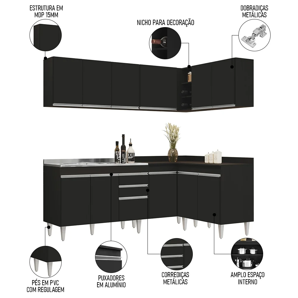 Armário de Cozinha Modulado de Canto 6 Peças CP30 com Pia Inox Preto - Lumil
