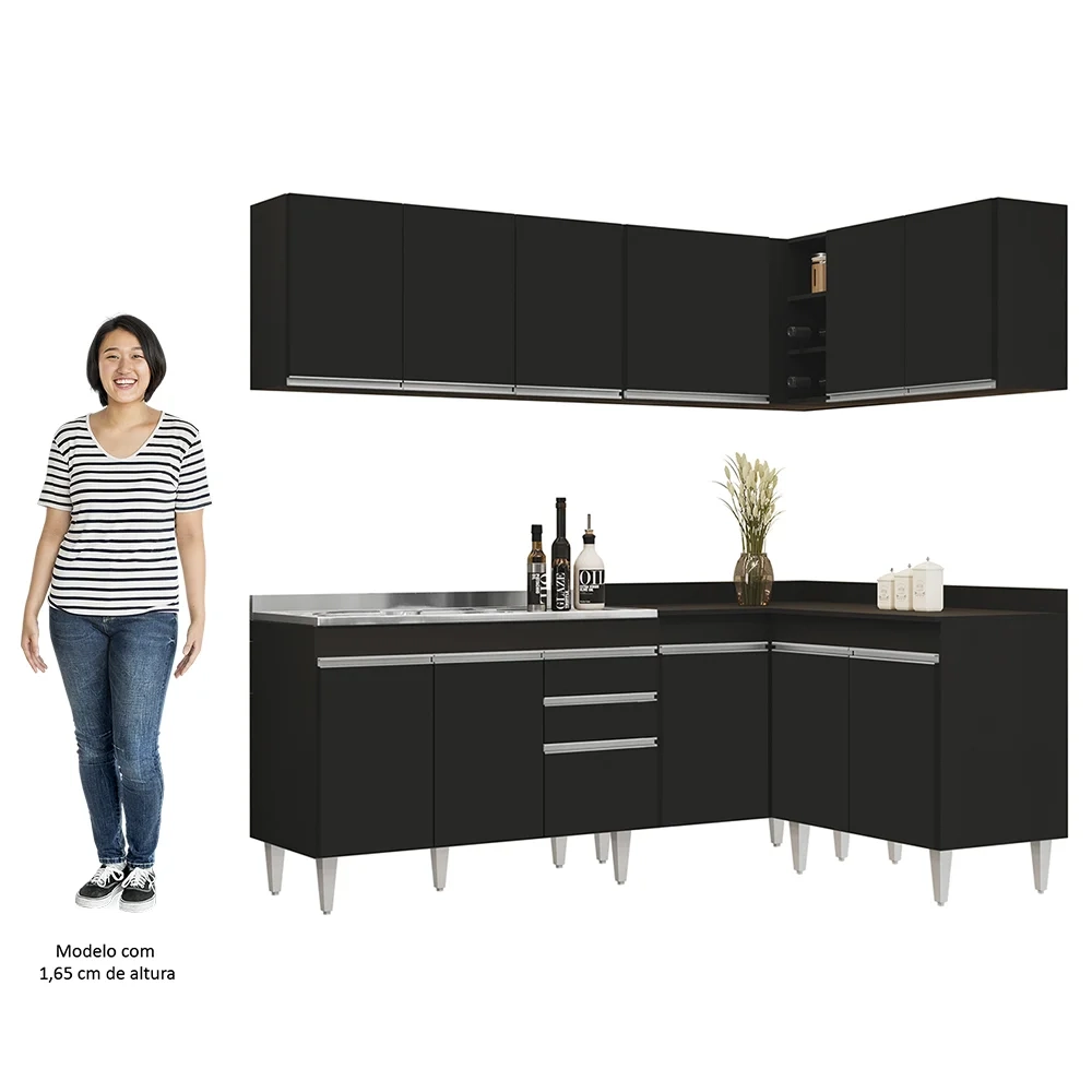 Armário de Cozinha Modulado de Canto 6 Peças CP30 com Pia Inox Preto - Lumil