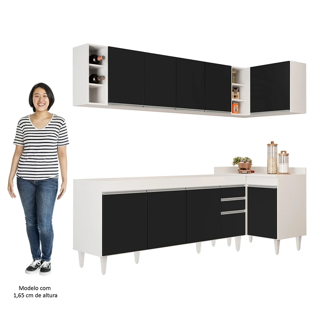 Armário de Cozinha Modulado de Canto Esquerdo 5 Peças CP52 Balcão sem Tampo Branco/Preto - Lumil