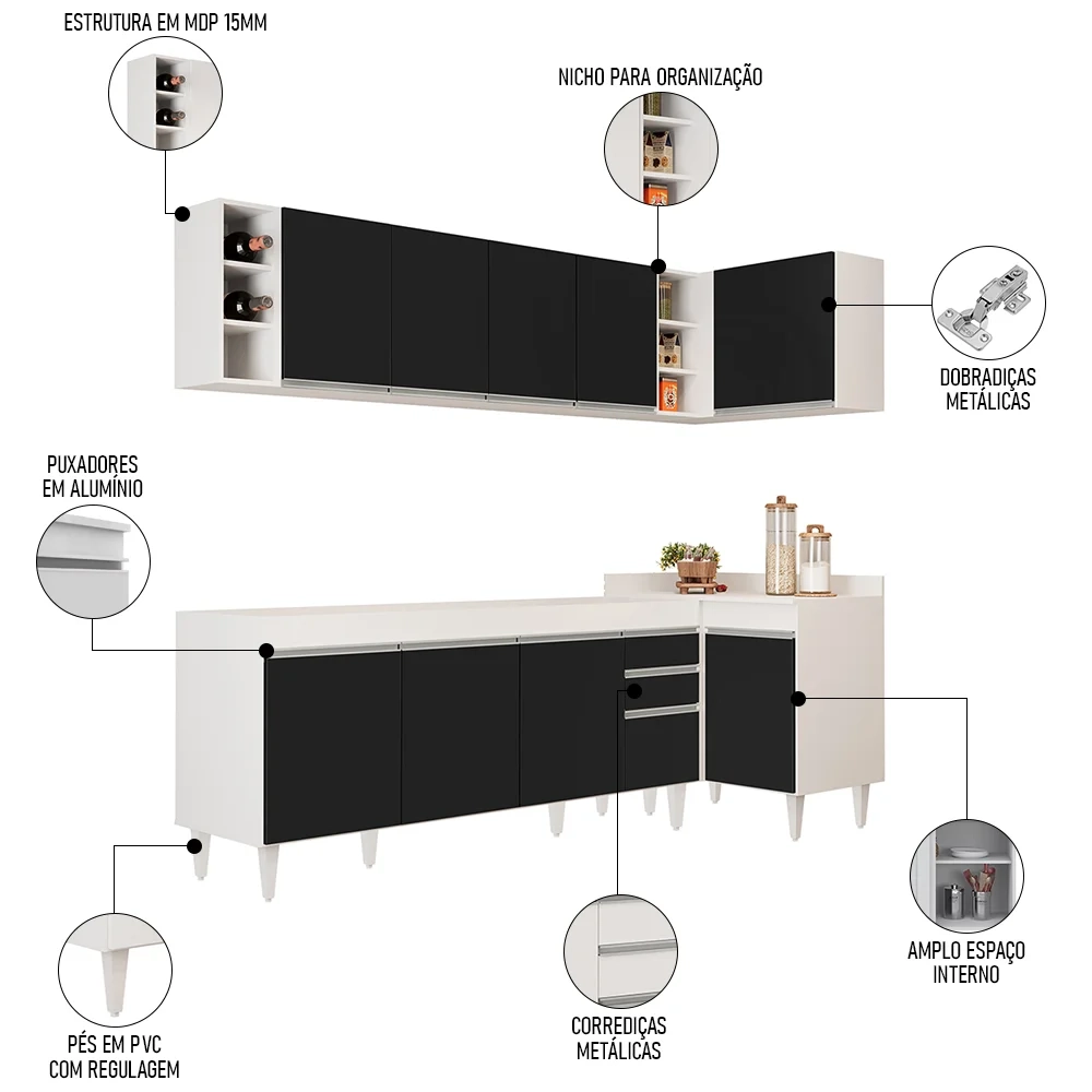 Armário de Cozinha Modulado de Canto Esquerdo 5 Peças CP52 Balcão sem Tampo Branco/Preto - Lumil