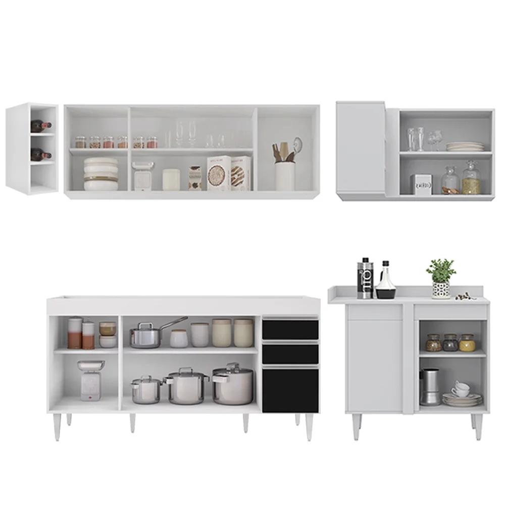 Armário de Cozinha Modulado de Canto Esquerdo 5 Peças CP52 Balcão sem Tampo Branco/Preto - Lumil