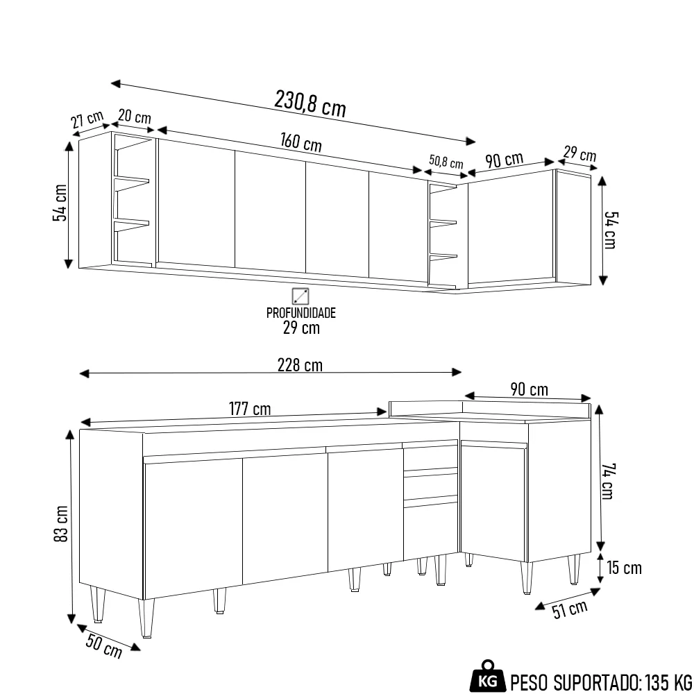 Armário de Cozinha Modulado de Canto Esquerdo 5 Peças CP52 Balcão sem Tampo Branco/Preto - Lumil