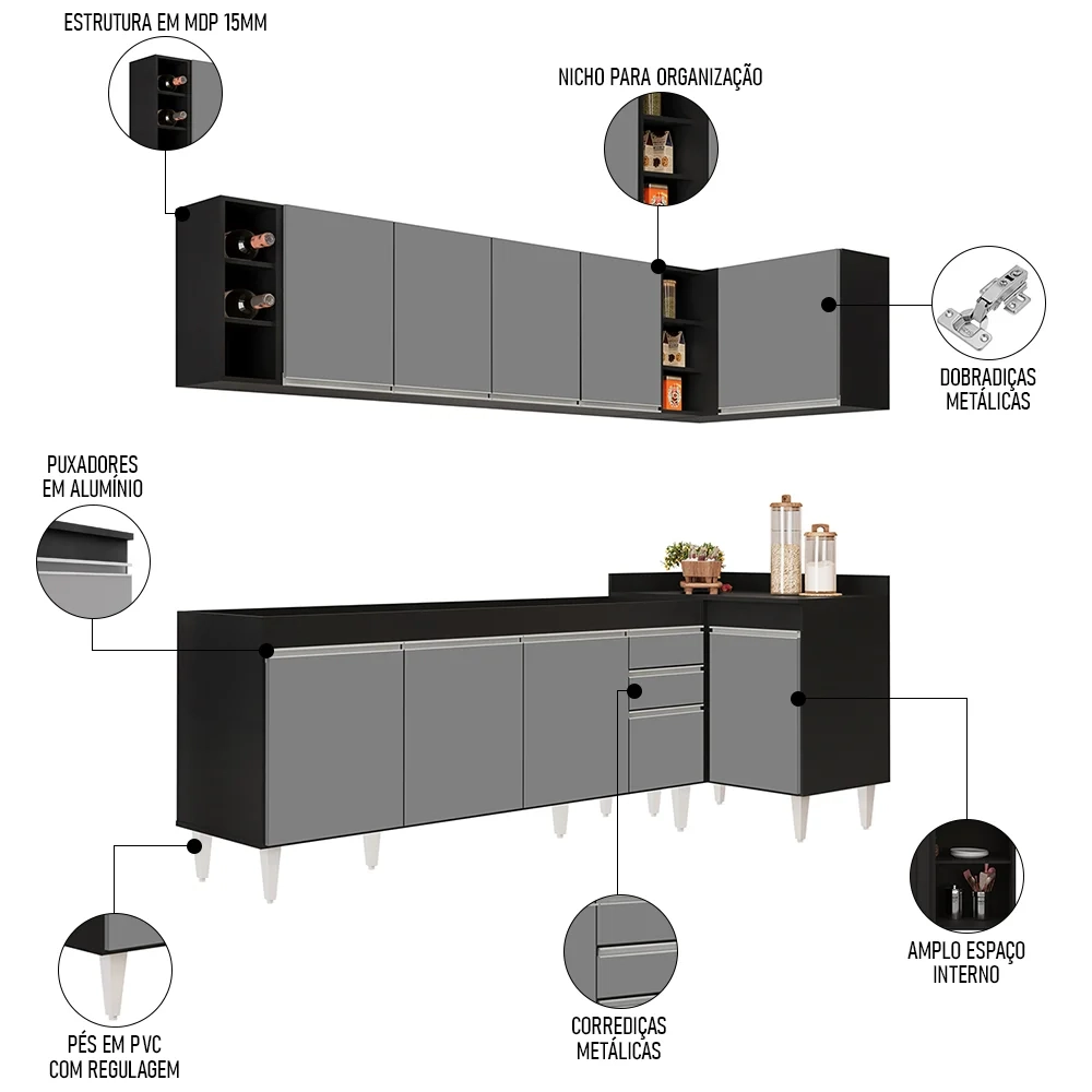Armário de Cozinha Modulado de Canto Esquerdo 5 Peças CP52 Balcão sem Tampo Preto/Cinza - Lumil