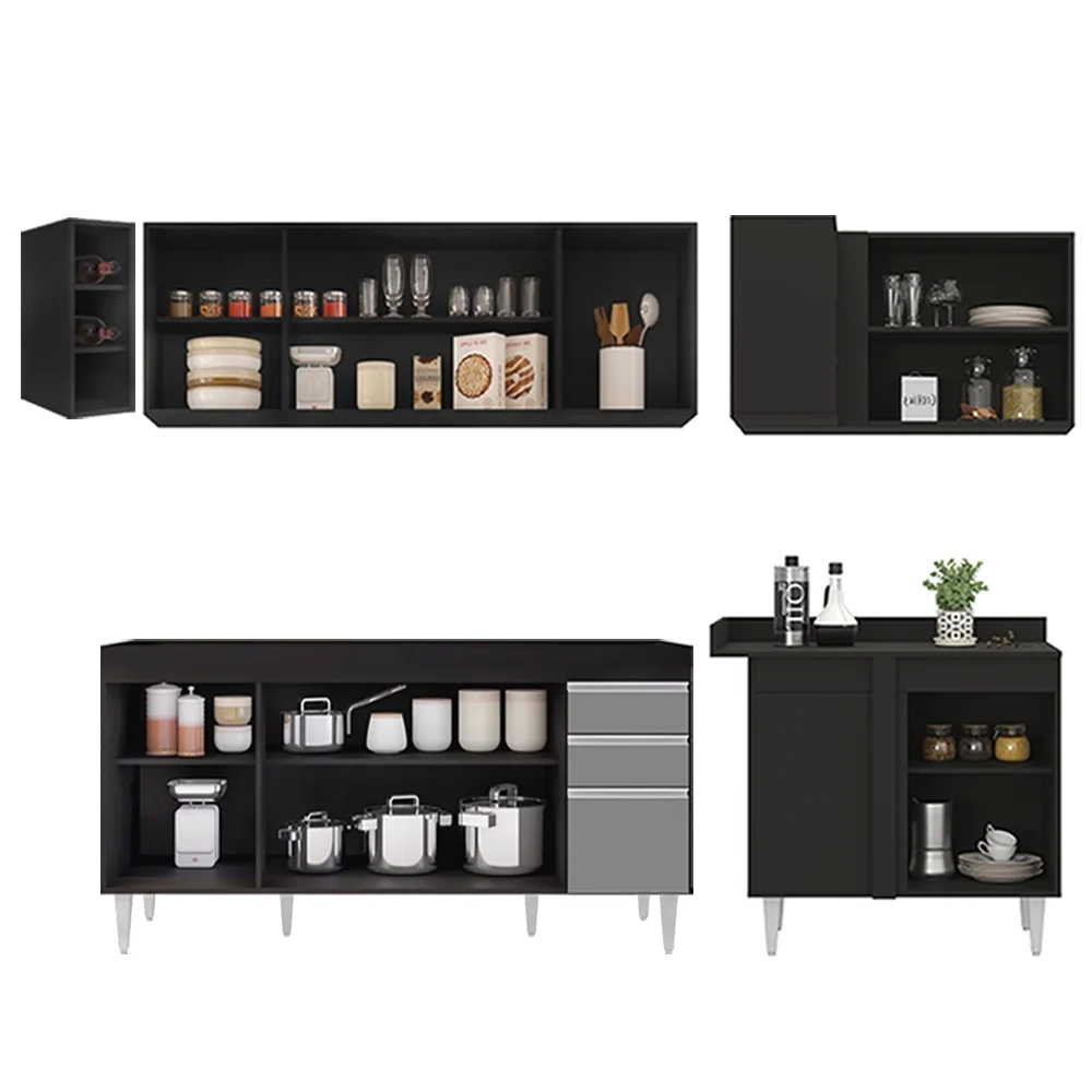 Armário de Cozinha Modulado de Canto Esquerdo 5 Peças CP52 Balcão sem Tampo Preto/Cinza - Lumil