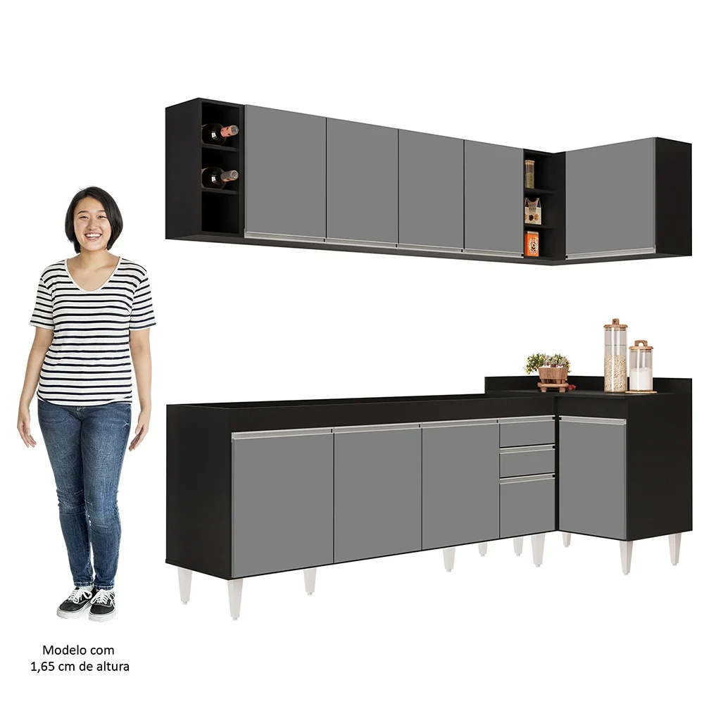 Armário de Cozinha Modulado de Canto Esquerdo 5 Peças CP52 Balcão sem Tampo Preto/Cinza - Lumil
