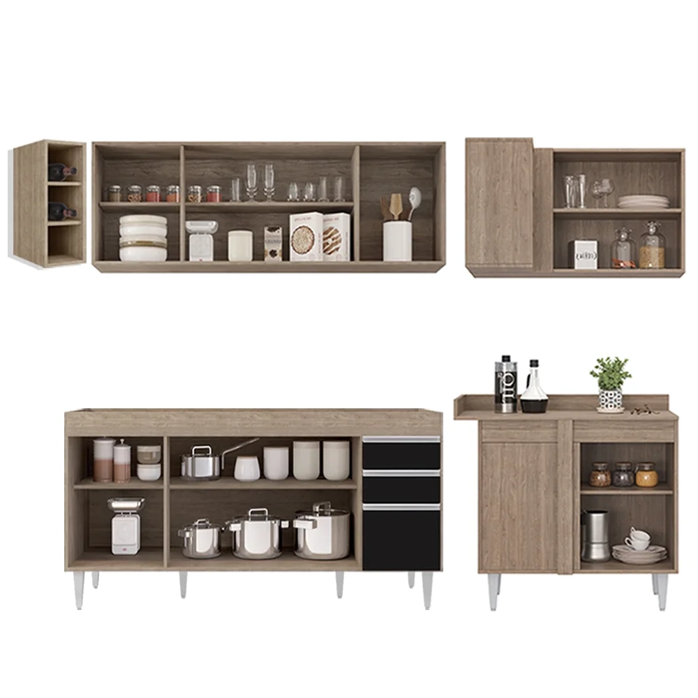 Armário de Cozinha Modulado de Canto Esquerdo 5 Peças CP52 Balcão sem Tampo Castanho/Preto - Lumil