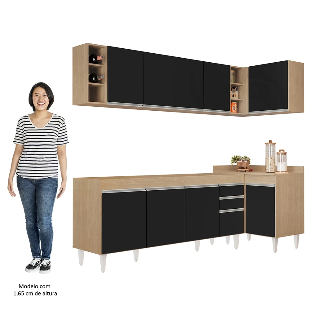 Armário de Cozinha Modulado de Canto Esquerdo 5 Peças CP52 Balcão sem Tampo Castanho/Preto - Lumil