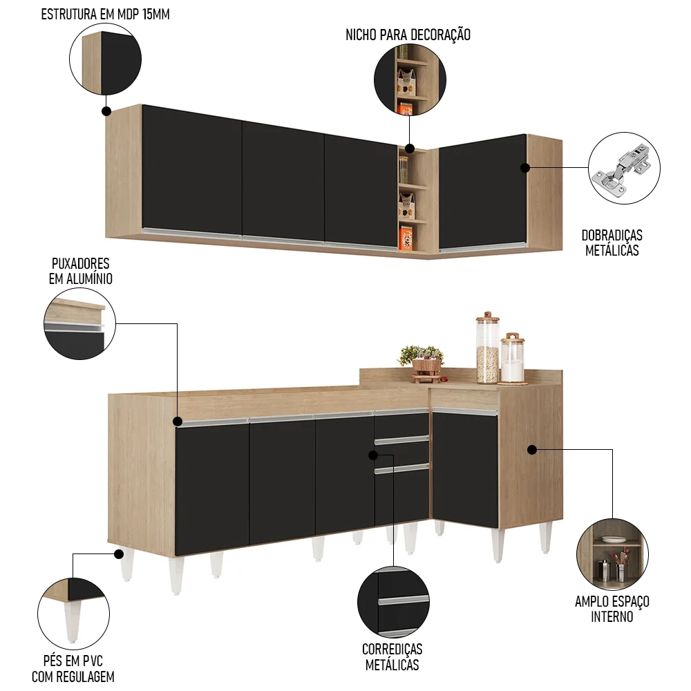 Armário de Cozinha Modulado de Canto Esquerdo 5 Peças CP52 Balcão sem Tampo Castanho/Preto - Lumil