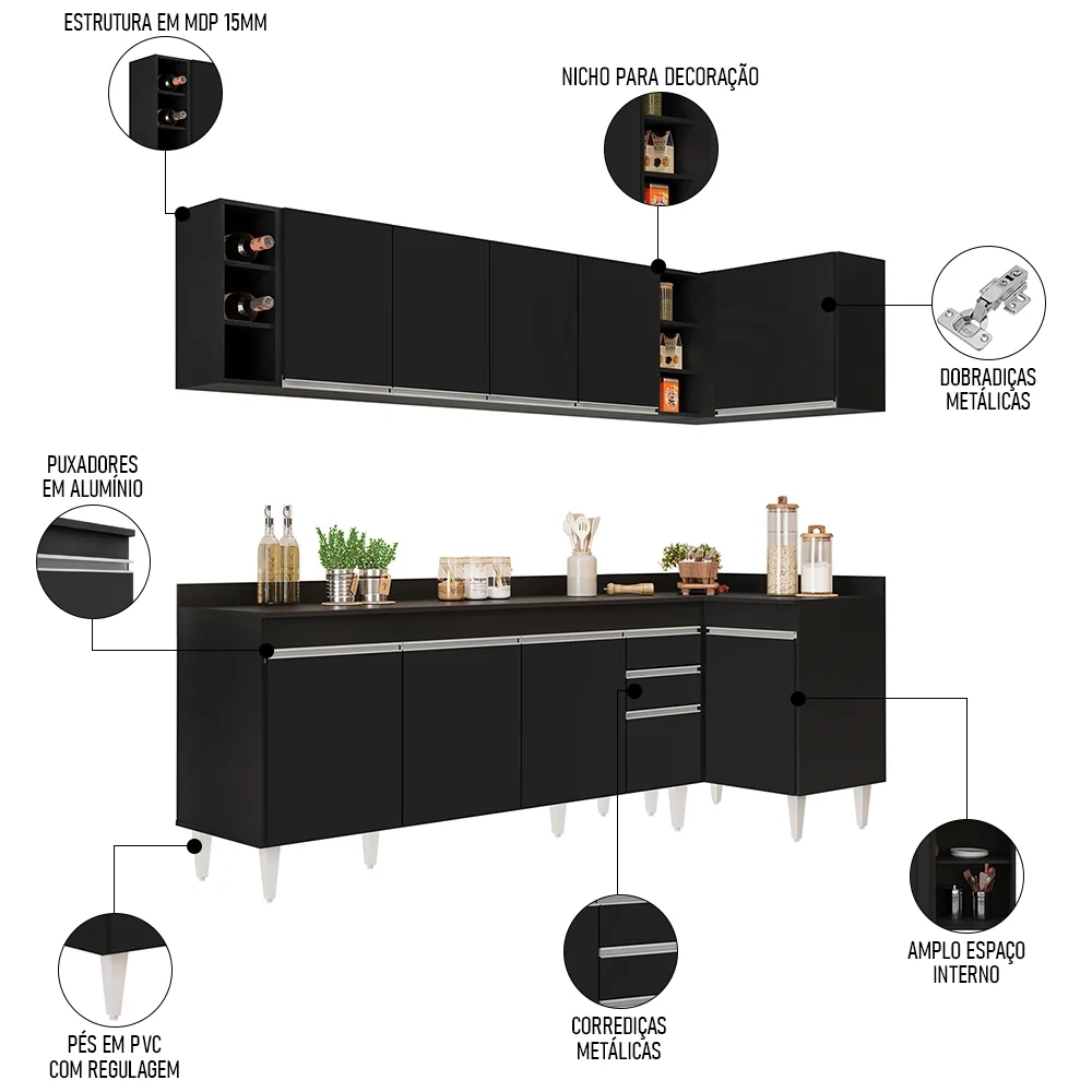 Armário de Cozinha Modulado de Canto Esquerdo 5 Peças CP53 Balcão com Tampo Preto - Lumil