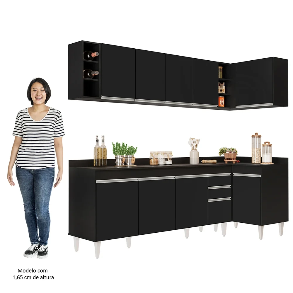 Armário de Cozinha Modulado de Canto Esquerdo 5 Peças CP53 Balcão com Tampo Preto - Lumil