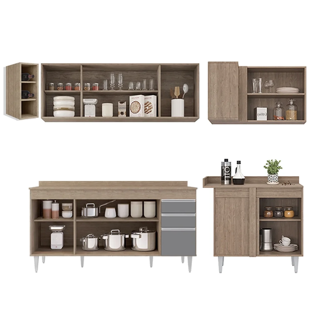 Armário de Cozinha Modulado de Canto Esquerdo 5 Peças CP53 Balcão com Tampo Castanho/Cinza - Lumil