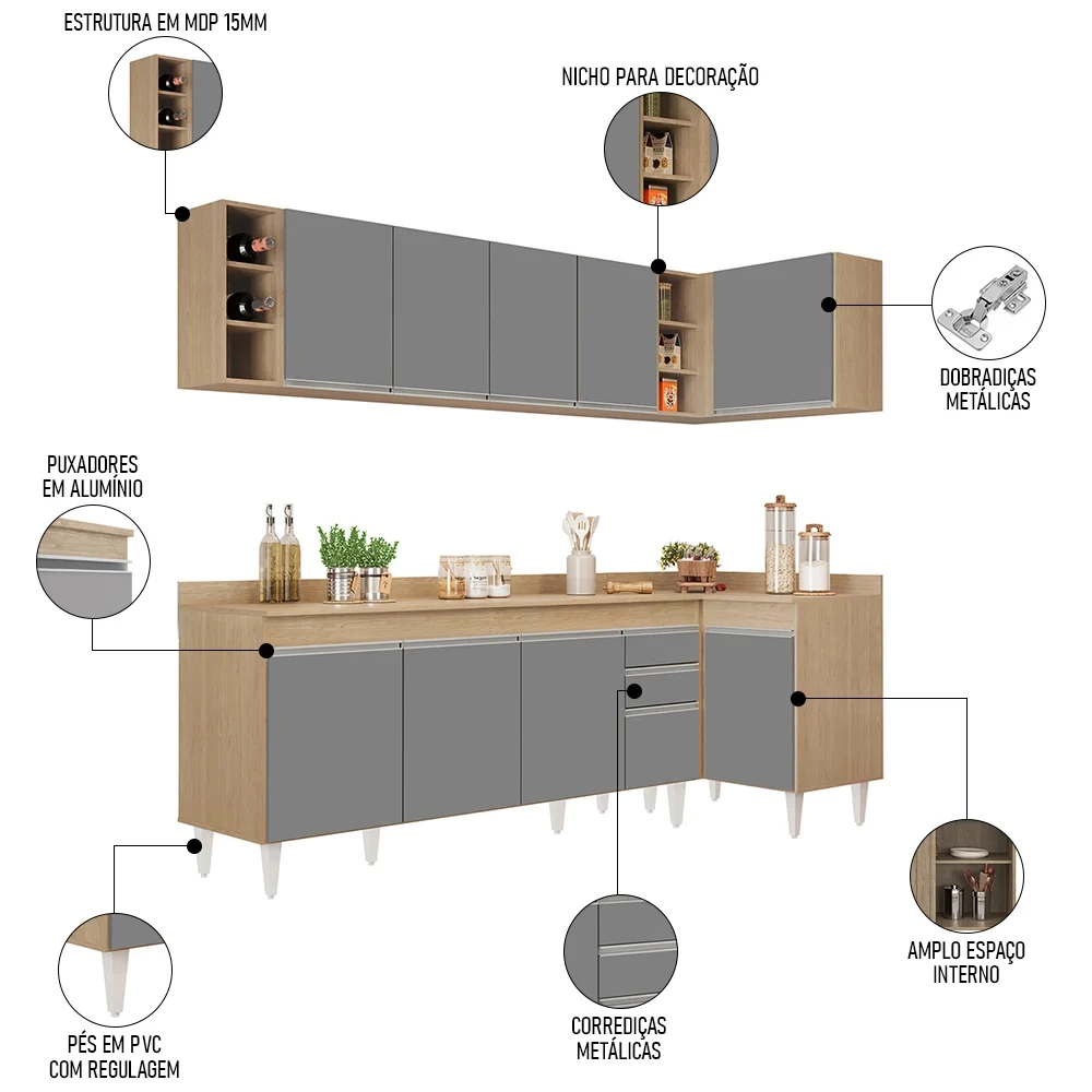 Armário de Cozinha Modulado de Canto Esquerdo 5 Peças CP53 Balcão com Tampo Castanho/Cinza - Lumil