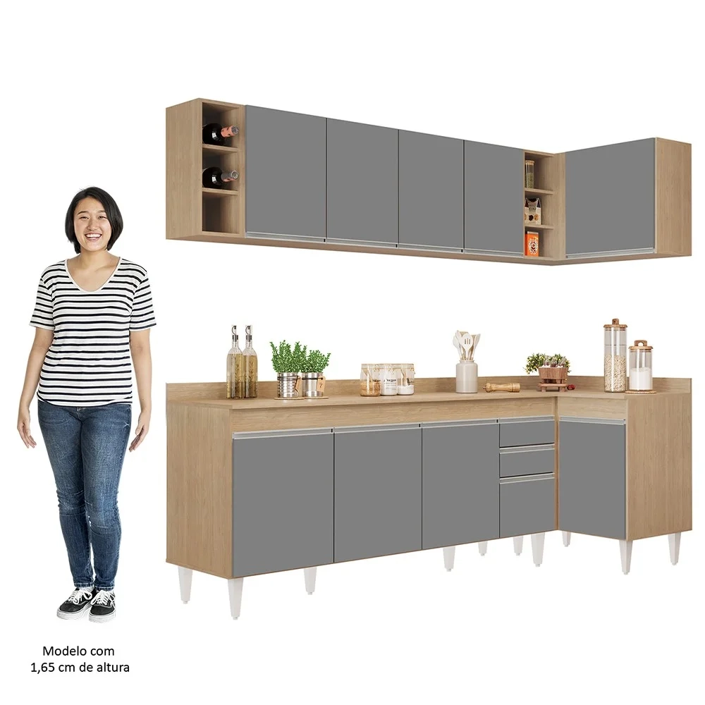Armário de Cozinha Modulado de Canto Esquerdo 5 Peças CP53 Balcão com Tampo Castanho/Cinza - Lumil