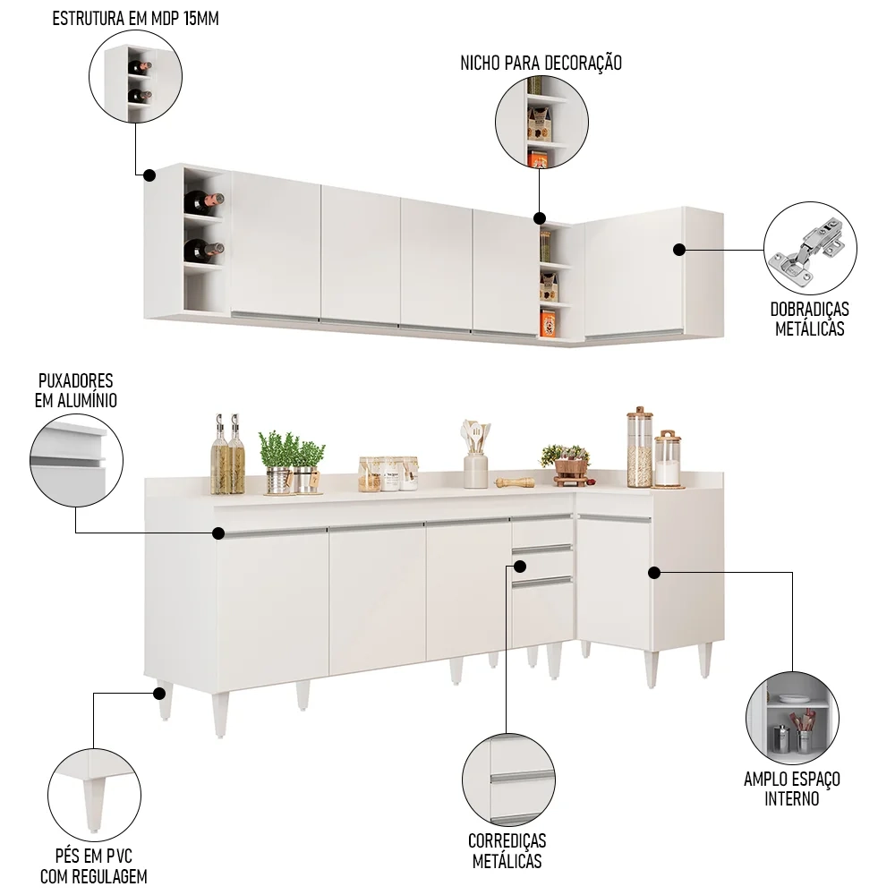 Armário de Cozinha Modulado de Canto Esquerdo 5 Peças CP53 Balcão com Tampo Branco - Lumil