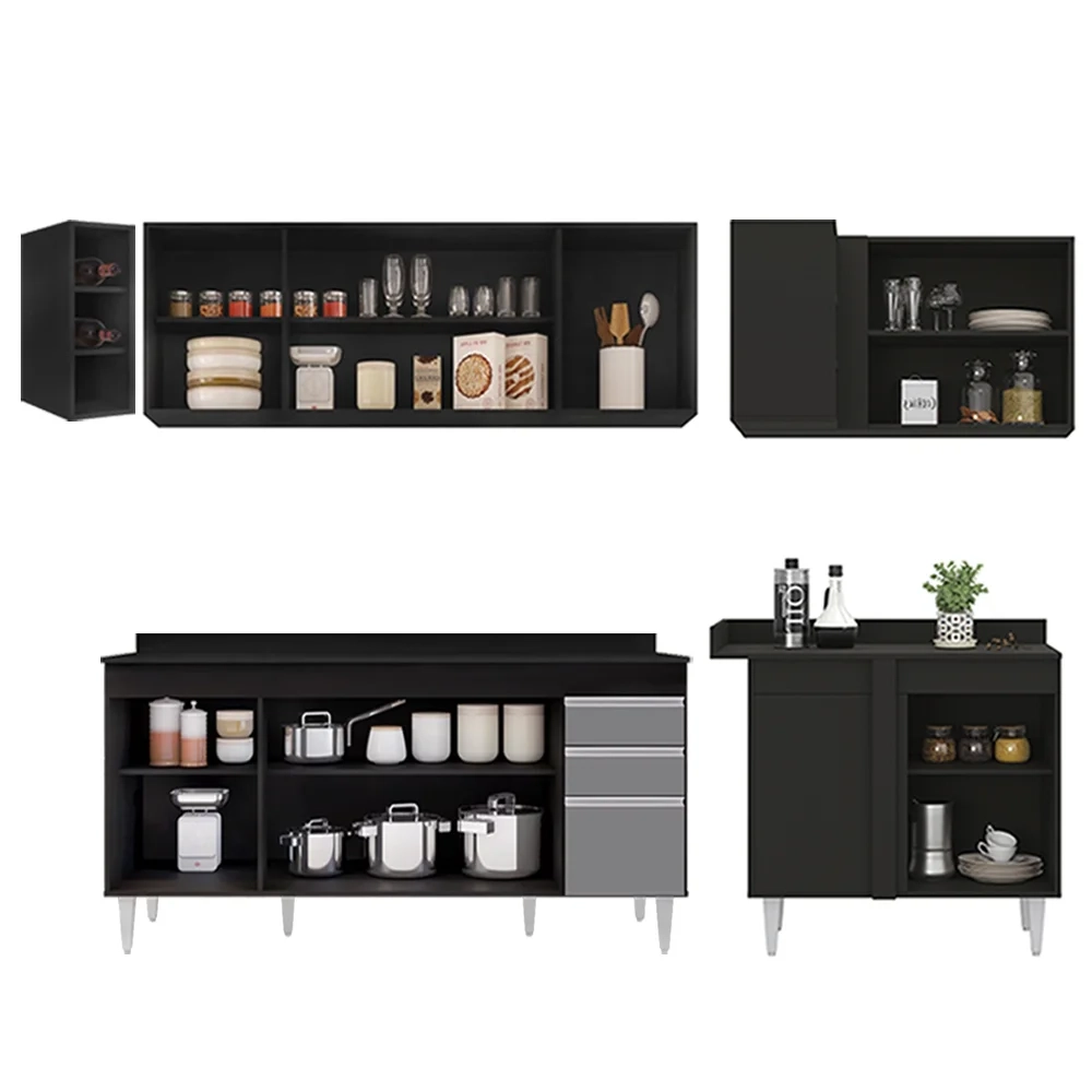 Armário de Cozinha Modulado de Canto Esquerdo 5 Peças CP53 Balcão com Tampo Preto/Cinza - Lumil