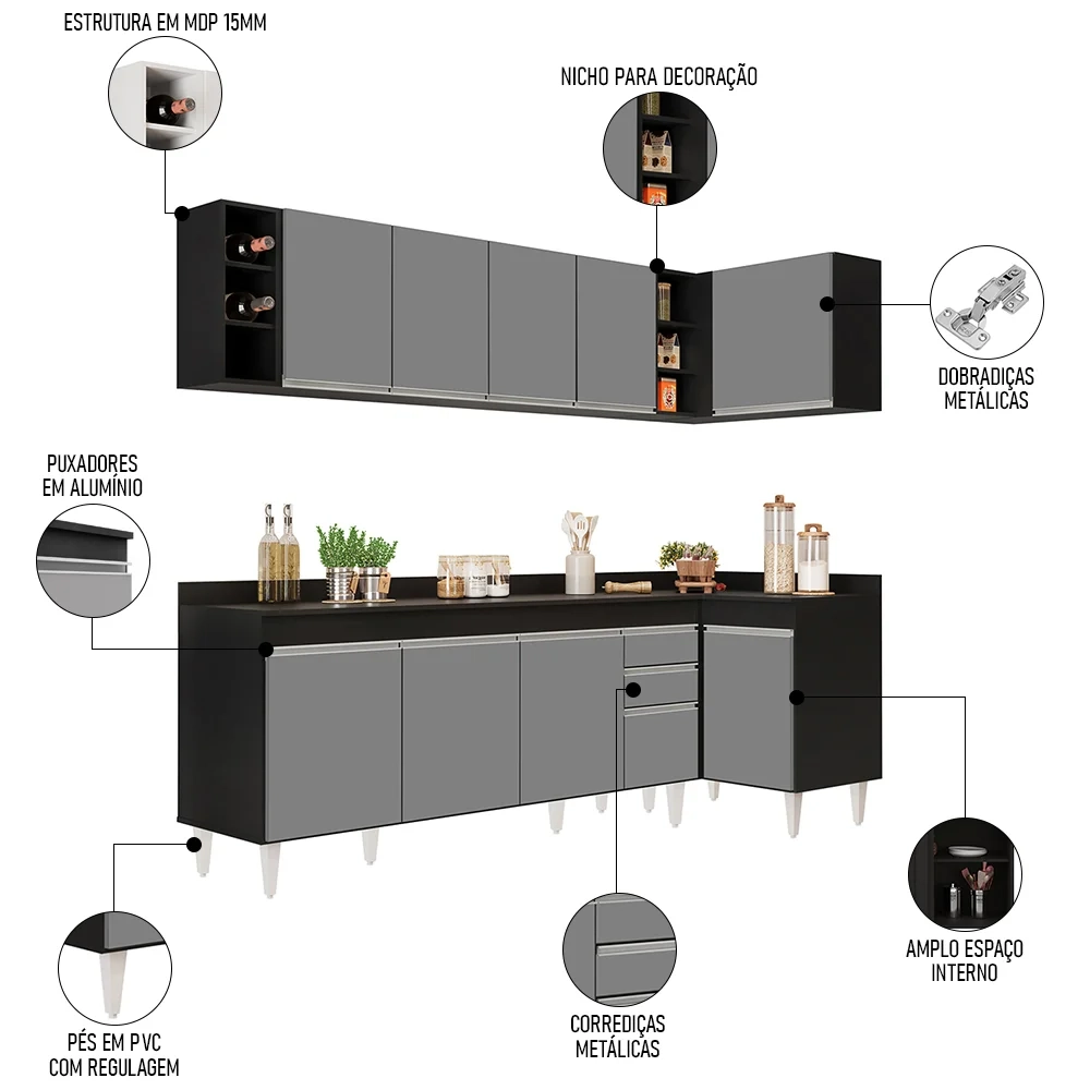 Armário de Cozinha Modulado de Canto Esquerdo 5 Peças CP53 Balcão com Tampo Preto/Cinza - Lumil