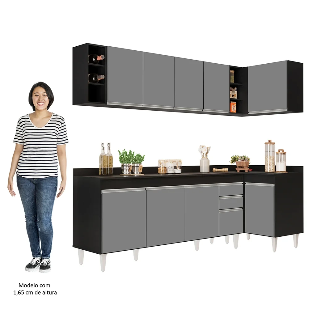 Armário de Cozinha Modulado de Canto Esquerdo 5 Peças CP53 Balcão com Tampo Preto/Cinza - Lumil
