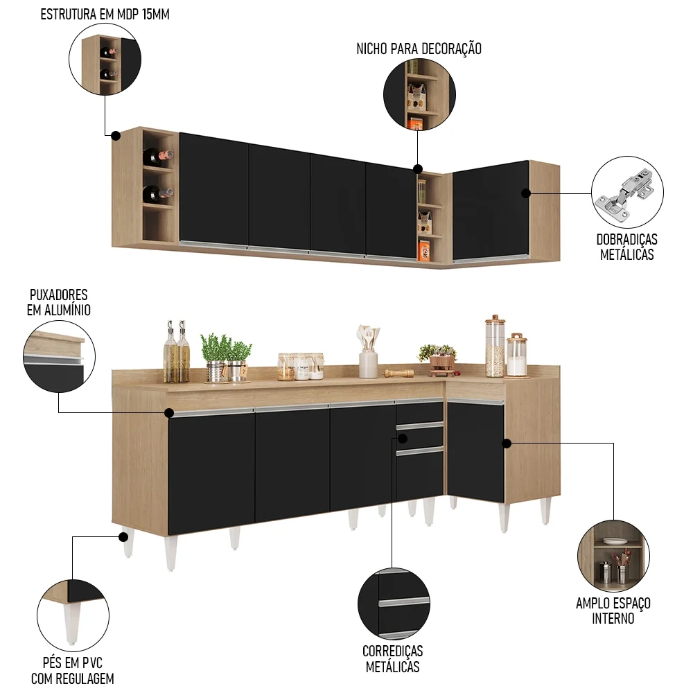 Armário de Cozinha Modulado de Canto Esquerdo 5 Peças CP53 Balcão com Tampo Castanho/Preto - Lumil