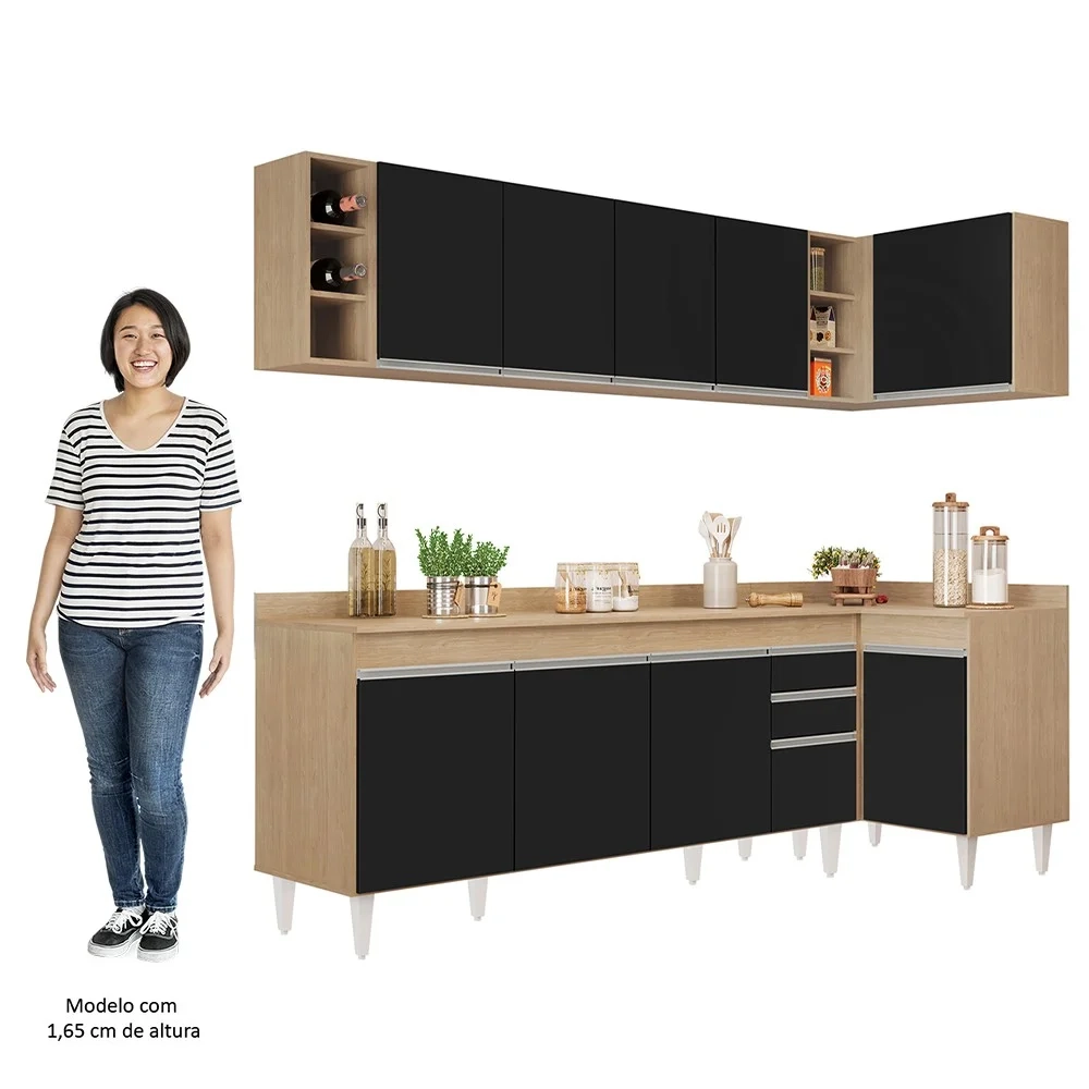 Armário de Cozinha Modulado de Canto Esquerdo 5 Peças CP53 Balcão com Tampo Castanho/Preto - Lumil