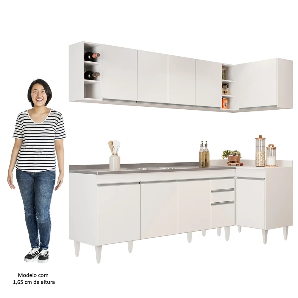 Armário de Cozinha Modulado de Canto Esquerdo 5 Peças CP54 com Pia Inox Branco - Lumil