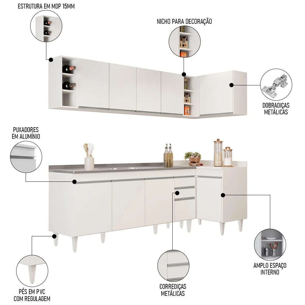 Armário de Cozinha Modulado de Canto Esquerdo 5 Peças CP54 com Pia Inox Branco - Lumil