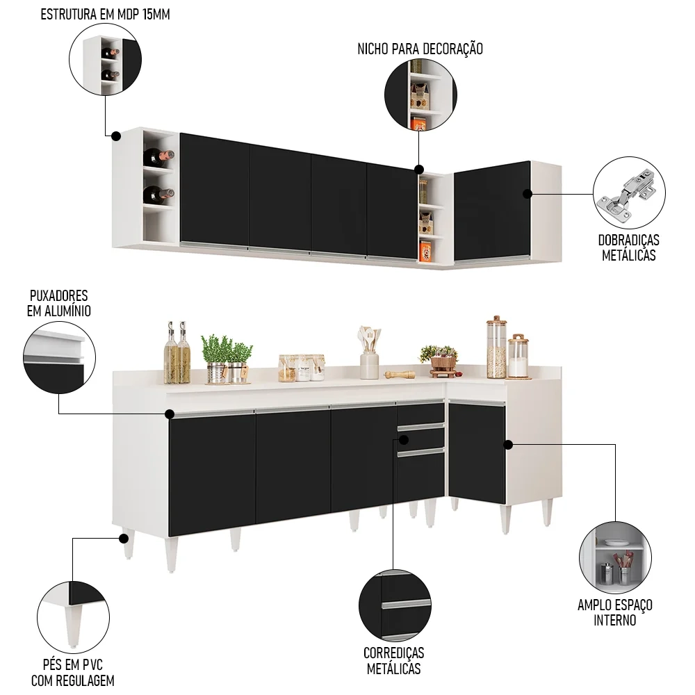 Armário de Cozinha Modulado de Canto Esquerdo 5 Peças CP53 Balcão com Tampo Branco/Preto - Lumil