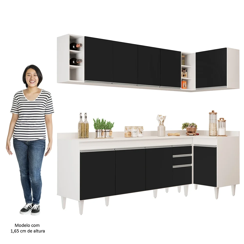 Armário de Cozinha Modulado de Canto Esquerdo 5 Peças CP53 Balcão com Tampo Branco/Preto - Lumil