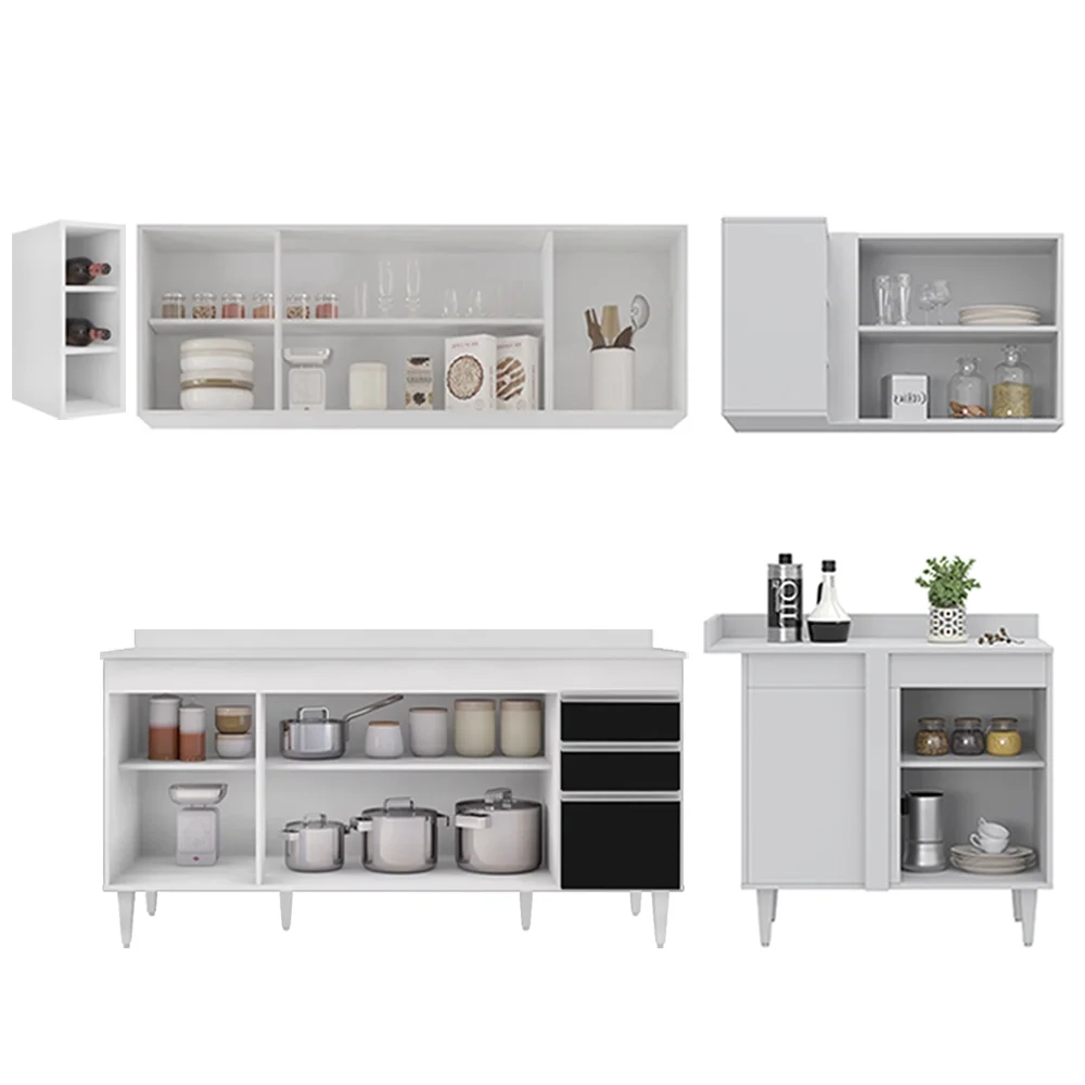 Armário de Cozinha Modulado de Canto Esquerdo 5 Peças CP53 Balcão com Tampo Branco/Preto - Lumil