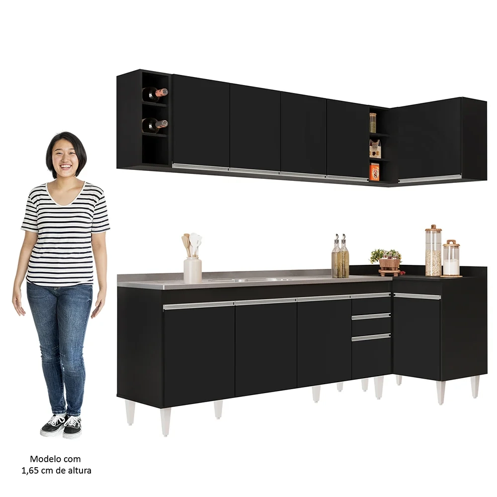 Armário de Cozinha Modulado de Canto Esquerdo 5 Peças CP54 com Pia Inox Preto - Lumil