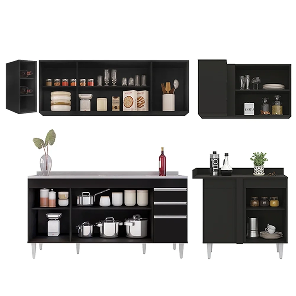 Armário de Cozinha Modulado de Canto Esquerdo 5 Peças CP54 com Pia Inox Preto - Lumil