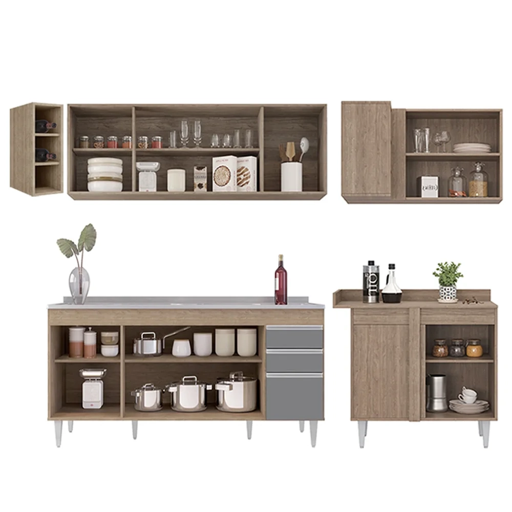 Armário de Cozinha Modulado de Canto Esquerdo 5 Peças CP54 com Pia Inox Castanho/Cinza - Lumil