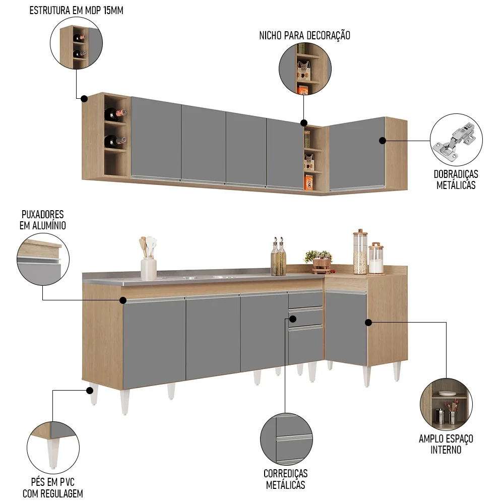 Armário de Cozinha Modulado de Canto Esquerdo 5 Peças CP54 com Pia Inox Castanho/Cinza - Lumil