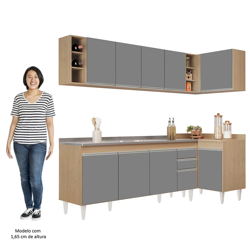 Armário de Cozinha Modulado de Canto Esquerdo 5 Peças CP54 com Pia Inox Castanho/Cinza - Lumil