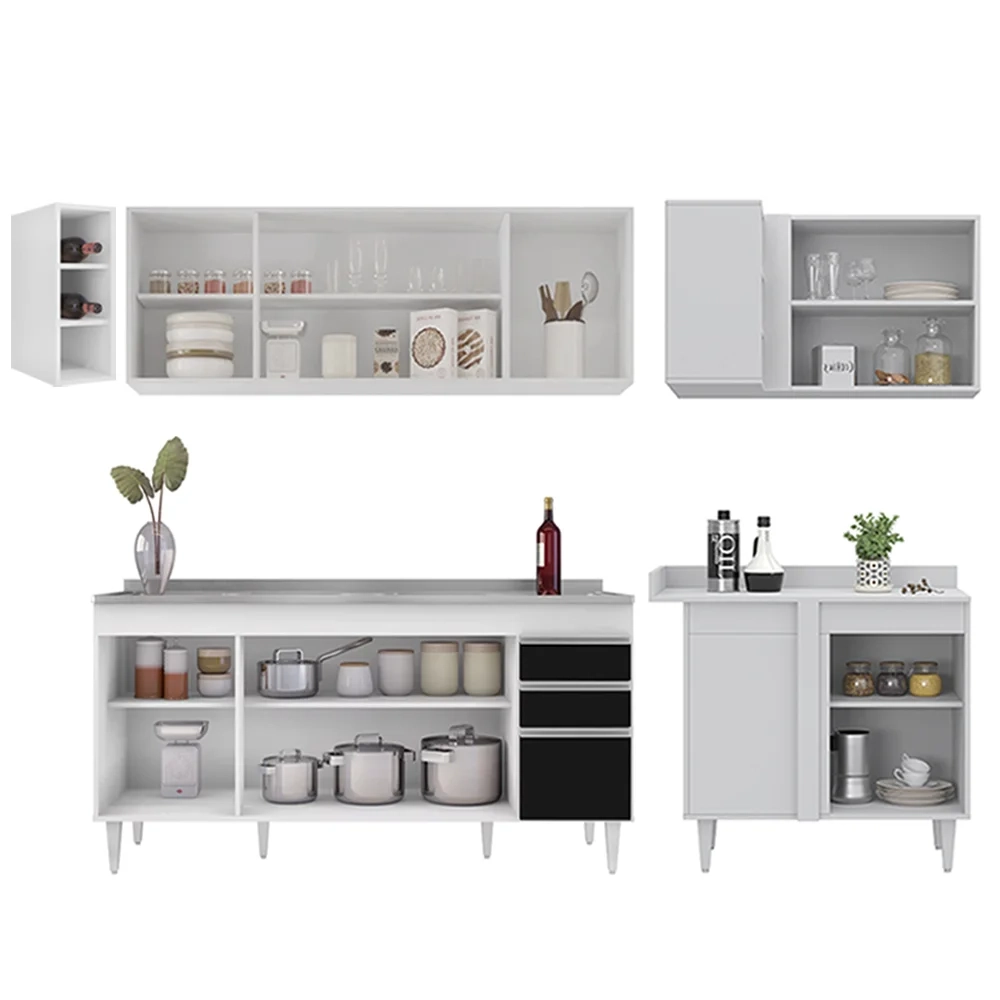 Armário de Cozinha Modulado de Canto Esquerdo 5 Peças CP54 com Pia Inox Branco/Preto - Lumil