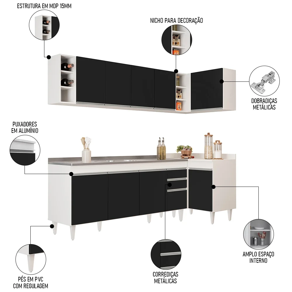Armário de Cozinha Modulado de Canto Esquerdo 5 Peças CP54 com Pia Inox Branco/Preto - Lumil