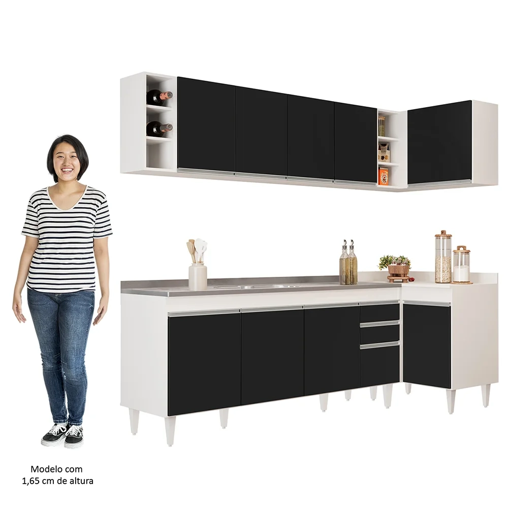 Armário de Cozinha Modulado de Canto Esquerdo 5 Peças CP54 com Pia Inox Branco/Preto - Lumil