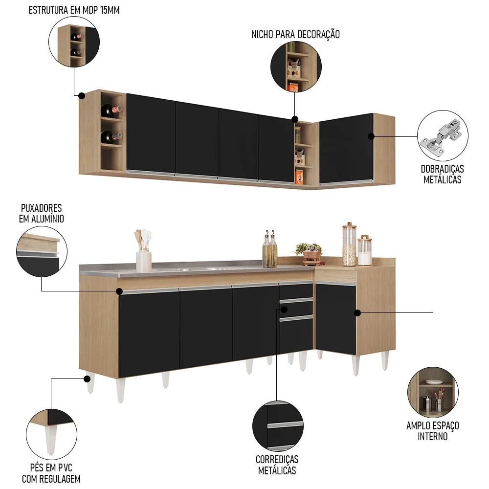 Armário de Cozinha Modulado de Canto Esquerdo 5 Peças CP54 com Pia Inox Castanho/Preto - Lumil